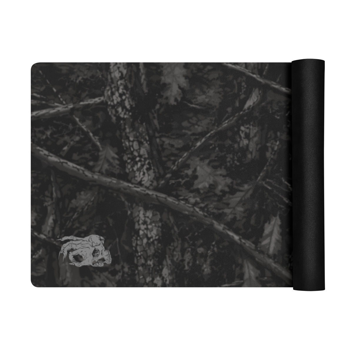 Hellbeing black tree bark camo yoga and exercise mat with skull logo in the corner, product photo 3 of 7