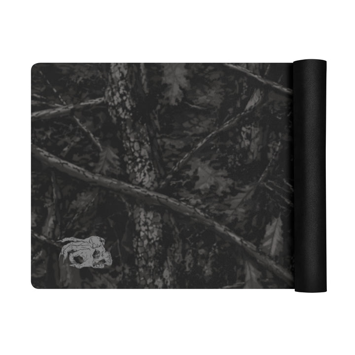 Hellbeing black tree bark camo yoga and exercise mat with skull logo in the corner, product photo 3 of 7