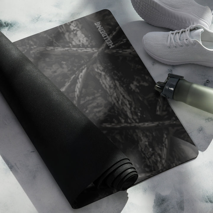 Hellbeing black tree bark camo yoga and exercise mat with skull logo in the corner, product photo 5 of 7