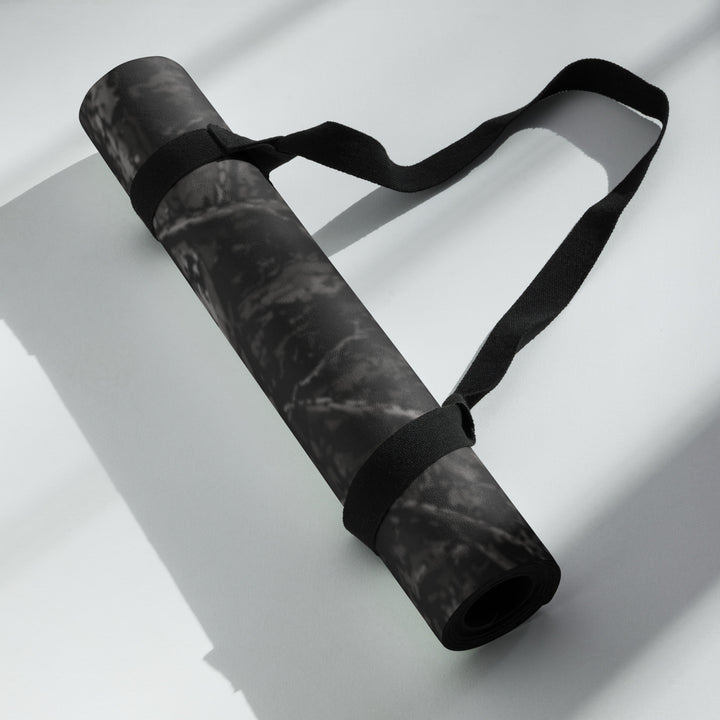 Hellbeing black tree bark camo yoga and exercise mat with skull logo in the corner, product photo 6 of 7