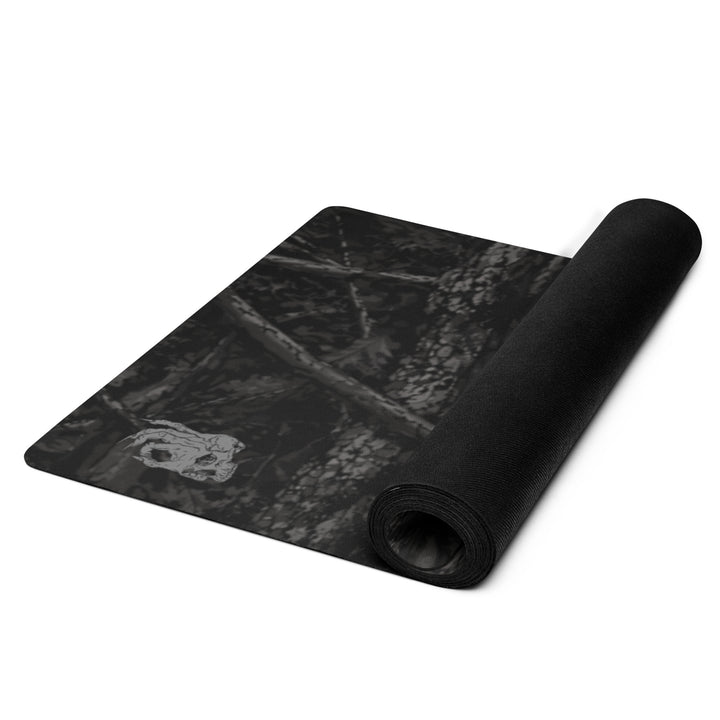 Hellbeing black tree bark camo yoga and exercise mat with skull logo in the corner, product photo 4 of 7