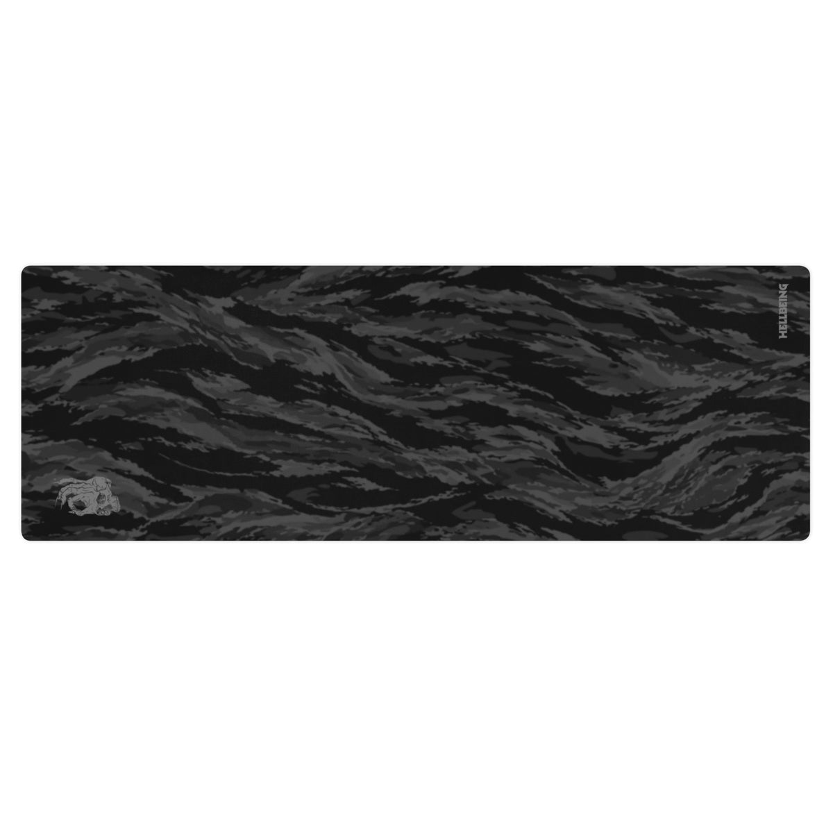 Hellbeing black tiger stripe camo yoga and exercise mat with skull logo in the corner, product photo 1 of 6