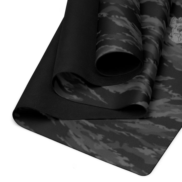 Hellbeing black tiger stripe camo yoga and exercise mat with skull logo in the corner, product photo 2 of 6