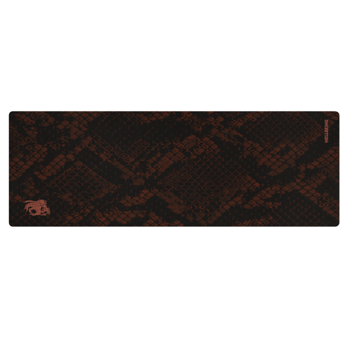 Hellbeing burgundy snakeskin print yoga and exercise mat with rust-red skull logo in the corner, product photo 1 of 6