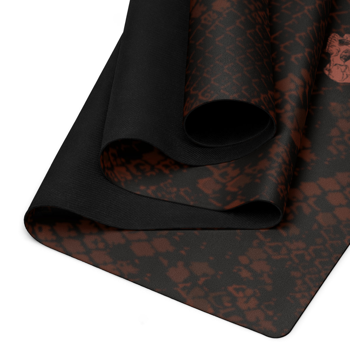 Hellbeing burgundy snakeskin print yoga and exercise mat with rust-red skull logo in the corner, product photo 2 of 6