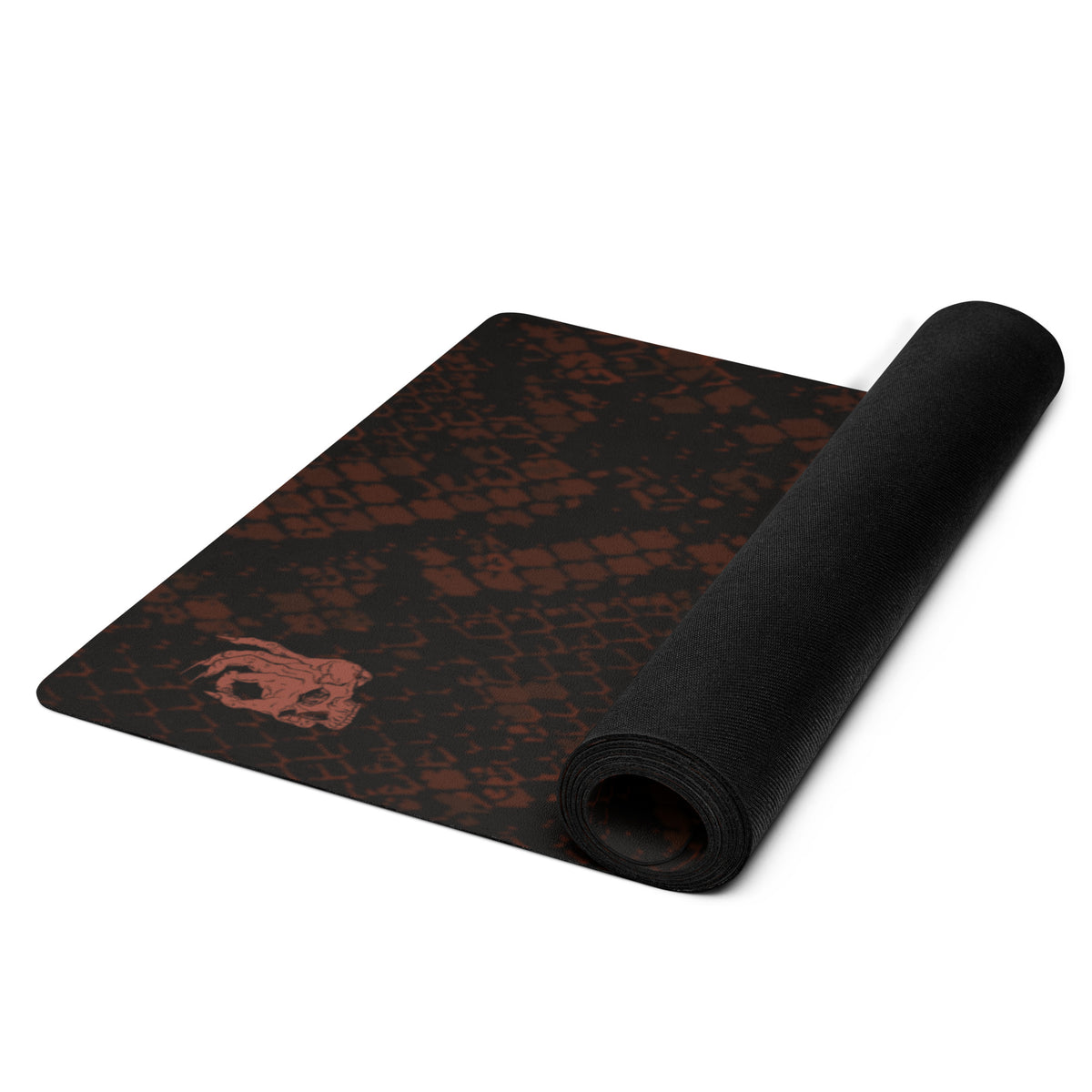 Hellbeing burgundy snakeskin print yoga and exercise mat with rust-red skull logo in the corner, product photo 3 of 6
