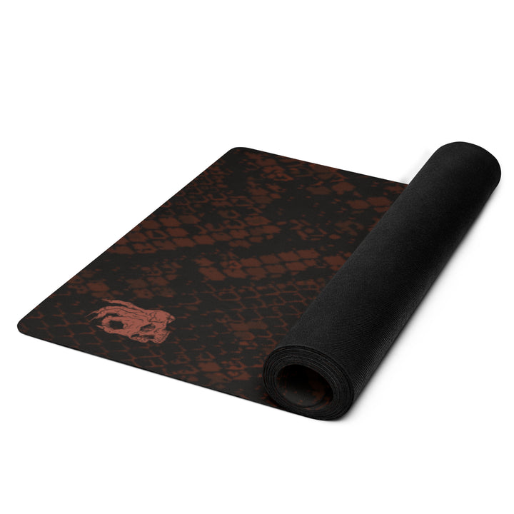 Hellbeing burgundy snakeskin print yoga and exercise mat with rust-red skull logo in the corner, product photo 3 of 6